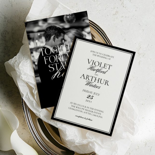 Modern minimalist svart & vit fotobryllop inbjudningar (Modern Minimalist Black & White Photo Wedding Invitation)
