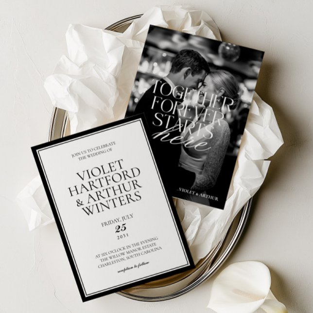 Modern minimalist svart & vit fotobryllop inbjudningar (Modern Minimalist Black & White Photo Wedding Invitation)