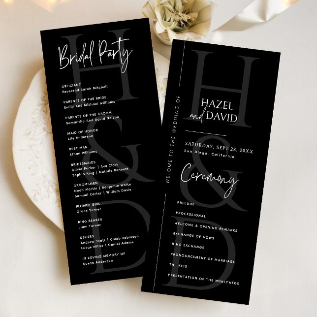 Modern minimalist svart-vit monogram bröllop program (Modern minimalist black and white monogram program adds a sleek, elegant touch to your ceremony.)