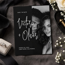 Modern minimalist svart-vit scriptfoto spara datumet