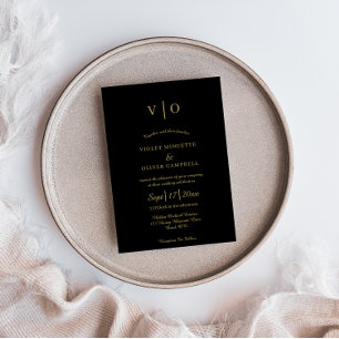 Modern minimalist Svarta Guld Monogram Bröllop Inbjudningar