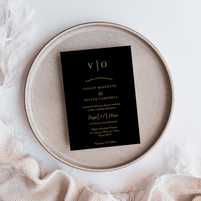 Modern minimalist | Svarta Guld Monogram Bröllop Inbjudningar (Skapare uppladdad)