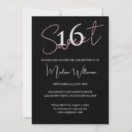 Modern Minimalist Sweet 16 Black Pink Birthday  Inbjudningar