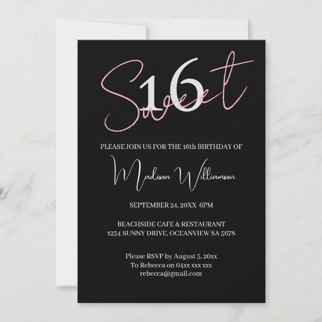 Modern Minimalist Sweet 16 Black Pink Birthday  Inbjudningar (Framsida)
