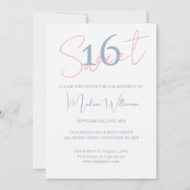 Modern Minimalist Sweet 16 Blue White Birthday Inbjudningar
