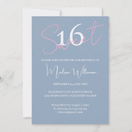 Modern Minimalist Sweet 16 Pink Blue Birthday Inbjudningar