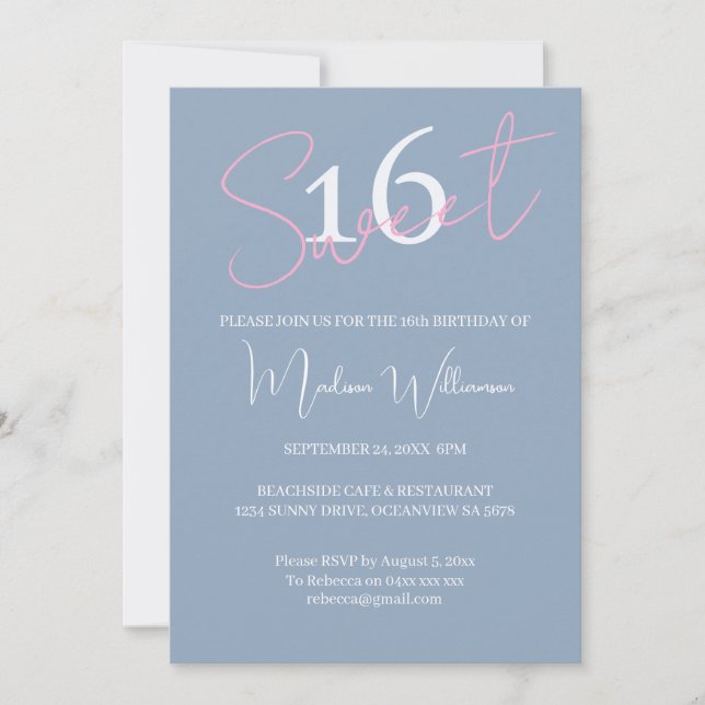 Modern Minimalist Sweet 16 Pink Blue Birthday Inbjudningar (Framsida)