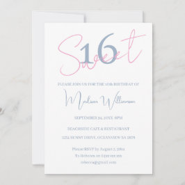 Modern Minimalist Sweet 16 Pink Blue Birthday Inbjudningar