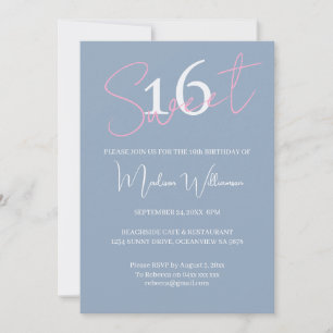 Modern minimalist Sweet 16 rosa blå födelsedagsfir Inbjudningar