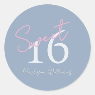 Modern Minimalist Sweet 16th Pink Blue Birthday Runt Klistermärke