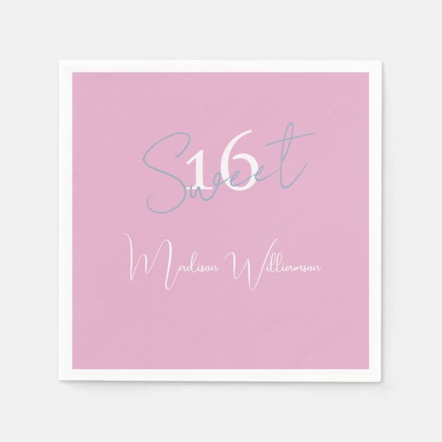 Modern Minimalist Sweet 16th Pink Blue Napkin Pappersservett (Framsidan)