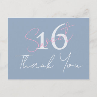 Modern Minimalist Sweet 16th Pink Blue Thankyou Vykort
