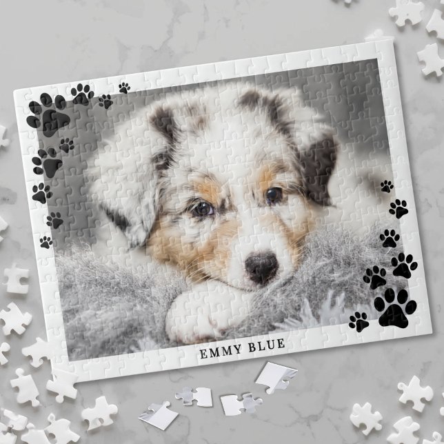 Modern minimalist tåavtryck hund foto pussel (Modern Minimalist Paw Print Dog Pet Photo Jigsaw Puzzle)