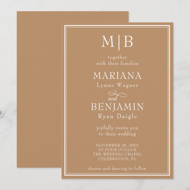 Modern minimalist tan beige bröllop inbjudningar (Fram/baksida)