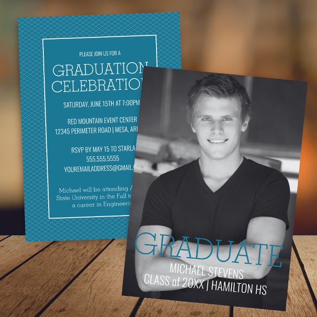 Modern minimalist teal Art Deco-examen Meddelande (Modern Teal and White Minimalist Graduation Invitation Announcement for College or High School)
