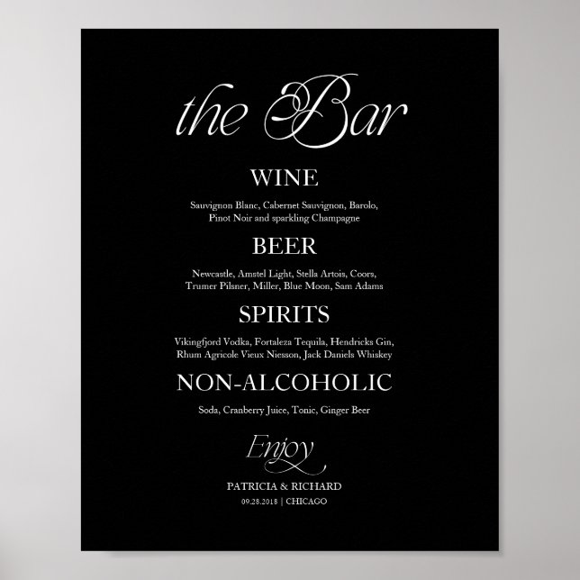 Modern minimalist "The Bar" bröllopsmenytecken Poster (Framsidan)