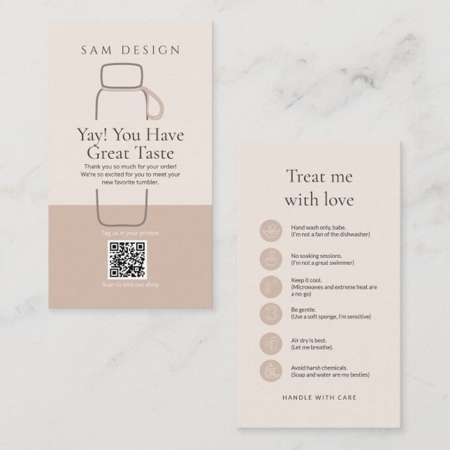 Modern Minimalist Tumbler Care Card with Barcode Visitkort (Fram/baksida)