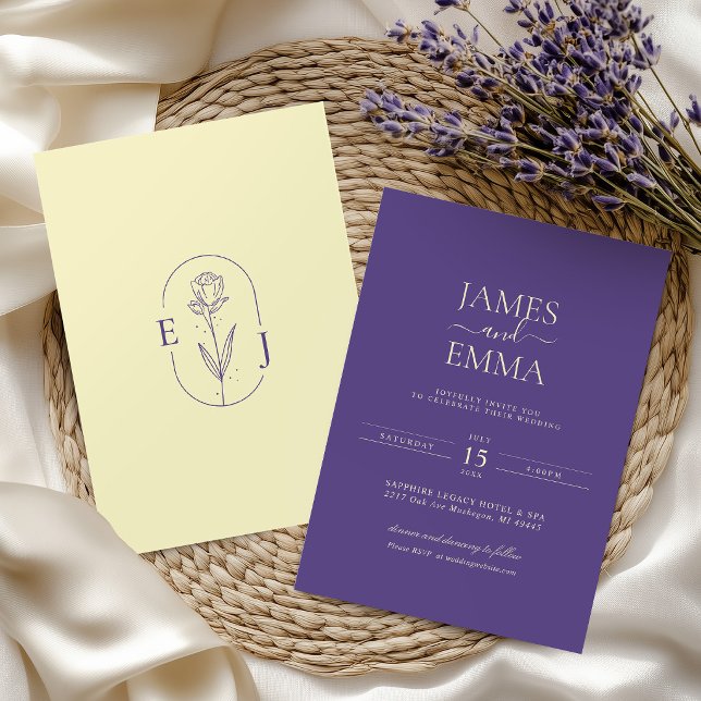Modern Minimalist Violet and Yellow Wedding Inbjudningar (Skapare uppladdad)