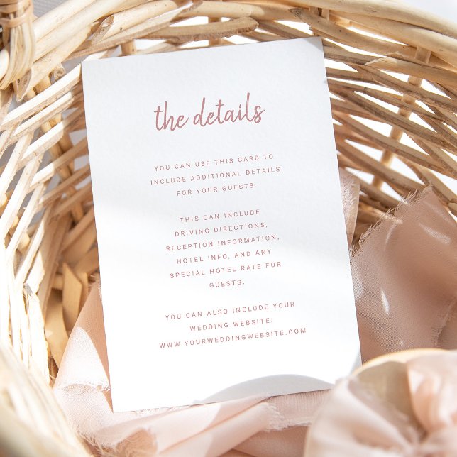 Modern minimalist vit och dammig rosa  | Detaljer Tilläggskort (A simple, white and dusty pink wedding details card)