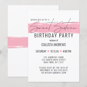 Modern minimalist vit rosa penseldrag Sweet 16 Inbjudningar