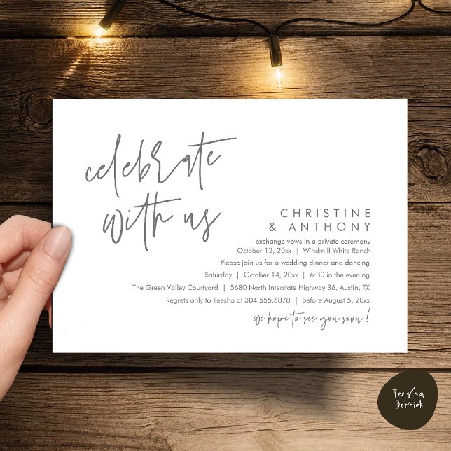 Modern Minimalist Wedding Reception Dinner Inbjudningar (Modern Minimalist Wedding Reception Dinner Invitation Card, Celebrate with us, in Grey)