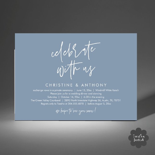 Modern Minimalist Wedding Reception Dinner Inbjudningar (Modern Minimalist Wedding Reception Dinner Invitation Card, Celebrate with us, in Dusty Blue)