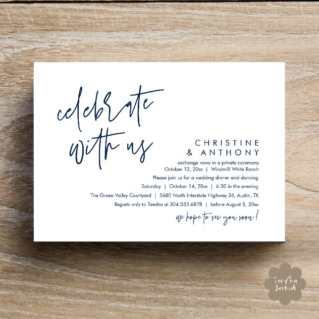 Modern Minimalist Wedding Reception Dinner Inbjudningar (Modern Minimalist Wedding Reception Dinner Invitation Card, Celebrate with us, in Navy Blue)