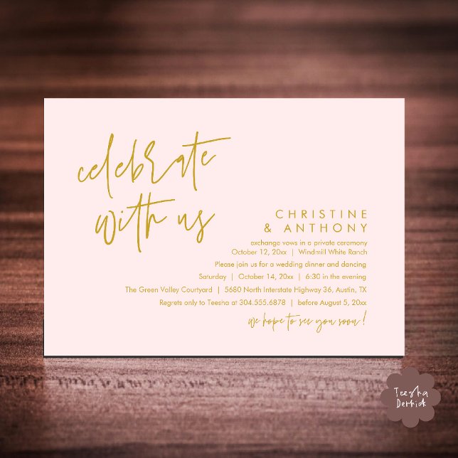 Modern Minimalist Wedding Reception Dinner Inbjudningar (Modern Minimalist Wedding Reception Dinner Invitation Card, Celebrate with us, in Yellow Gold Blush)