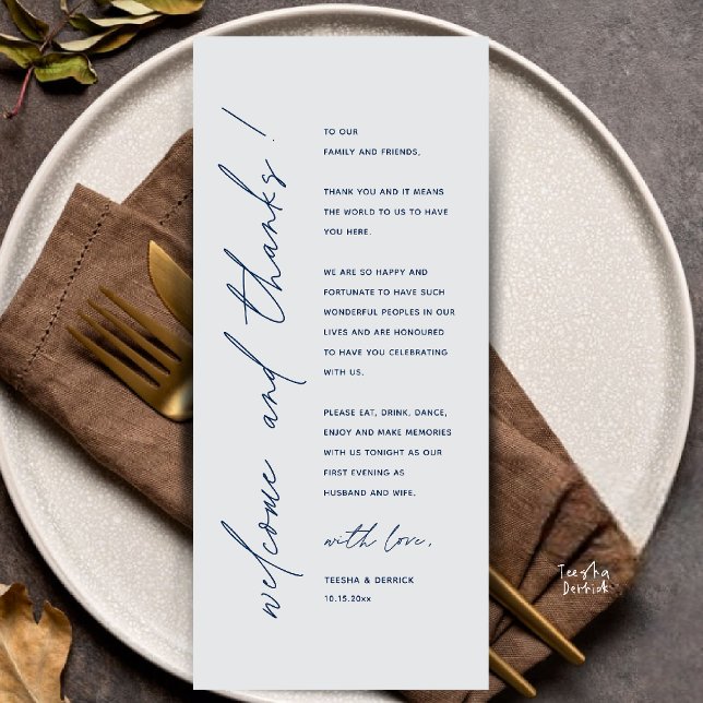 Modern Minimalist Wedding Reception Thank You Card Program (Modern Minimalist Wedding Reception Dinner Thank You Card in navy blue and grey tones)