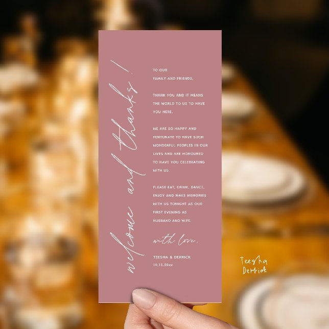Modern Minimalist Wedding Reception Thank You Card Program (Modern Minimalist Wedding Reception Dinner Thank You Card in dusty rose pink)