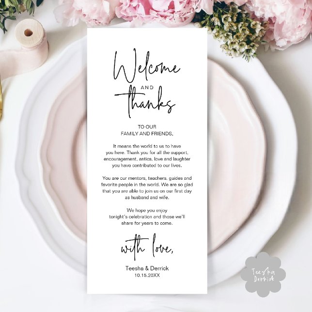 Modern Minimalist Wedding Reception Thank You Card Program (Modern Wedding Reception Dinner Brunch Lunch Celebration Thank You Card in Black and white)