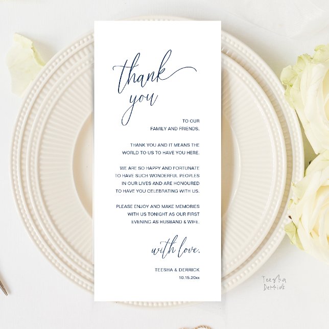 Modern Minimalist Wedding Reception Thank You Card Program (Modern Minimalist Wedding Reception Thank You Card in Classy Navy Blue)