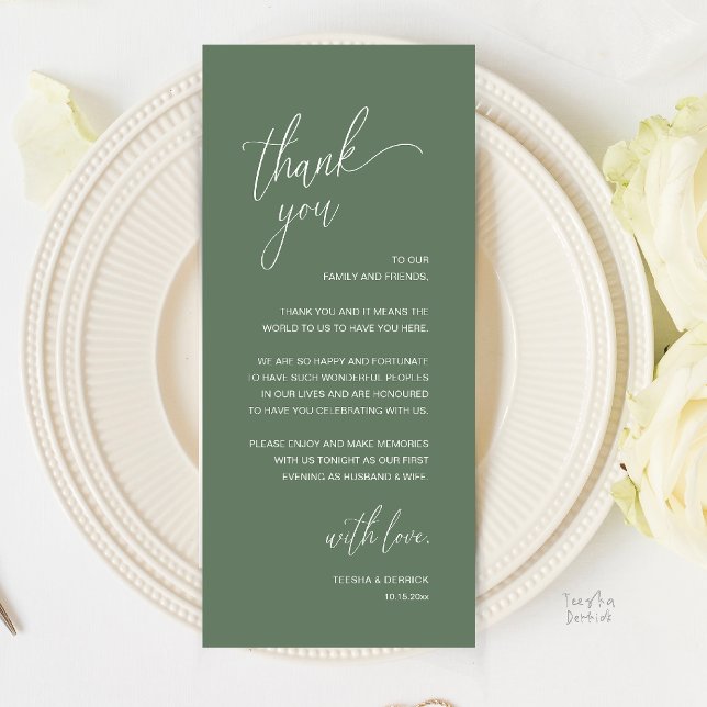 Modern Minimalist Wedding Reception Thank You Card Program (Modern Minimalist Wedding Reception Thank You Card in Classy Sage Green)