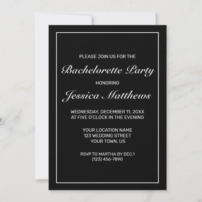 Modern Minimalist White Black Bachelorette Party Inbjudningar (Framsida)