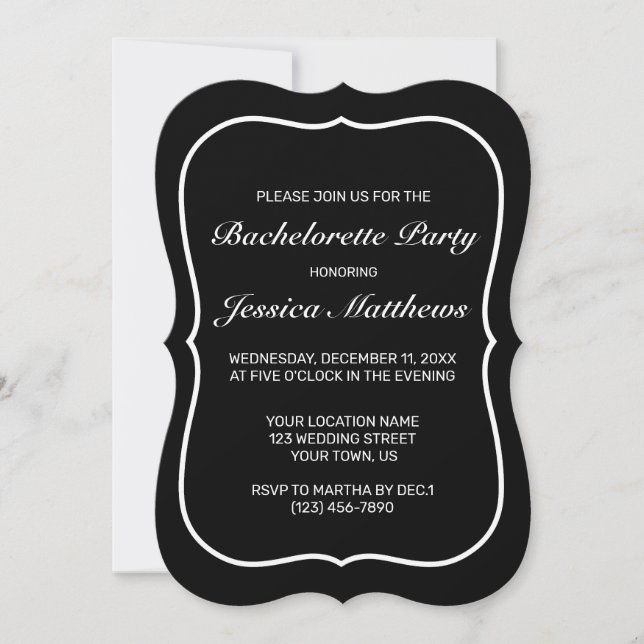 Modern Minimalist White Black Bachelorette Party Inbjudningar (Framsida)