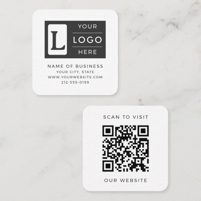 Modern Minimalist White QR Code Custom Logo Fyrkantigt Visitkort (Fram/baksida)