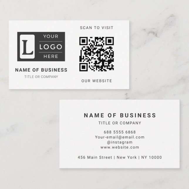 Modern Minimalist White QR Code Custom Logo Visitkort (Fram/baksida)