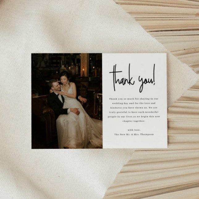 Modern Minimalistic Script Wedding Photo Tack Kort (Skapare uppladdad)