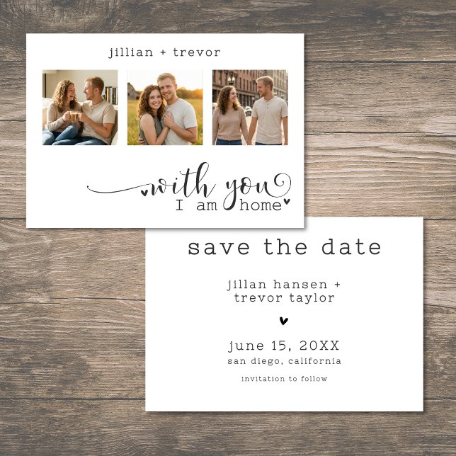Modern Minimalistisk 3 Fotos Script Collage Bröllo Spara Datumet (Modern Minimalist 3 Photo Script Collage Wedding Save The Date)
