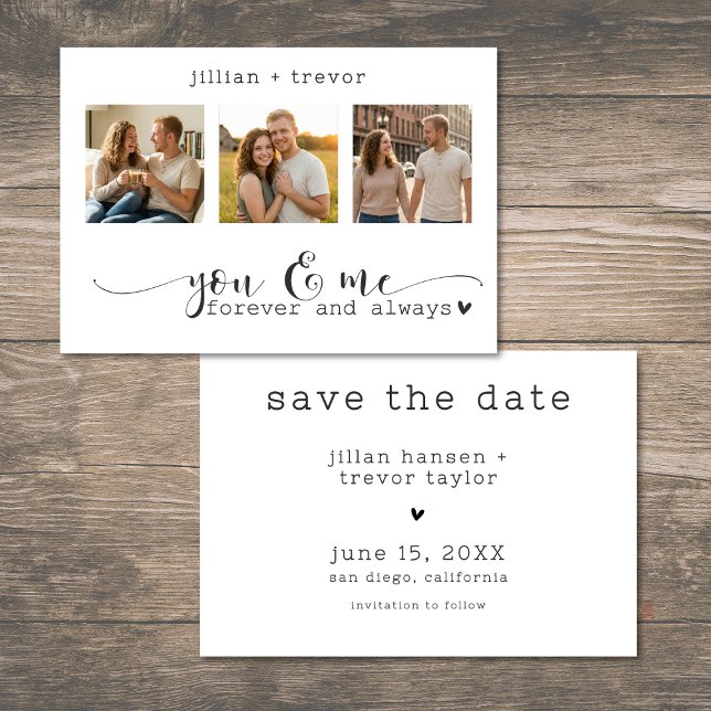 Modern Minimalistisk 3 Fotos Script Collage Bröllo Spara Datumet (Modern Minimalist 3 Photo Script Collage Wedding Save The Date)