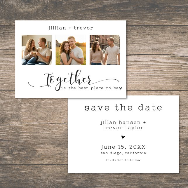 Modern Minimalistisk 3 Fotos Script Collage Bröllo Spara Datumet (Modern Minimalist 3 Photo Script Collage Wedding Save The Date)