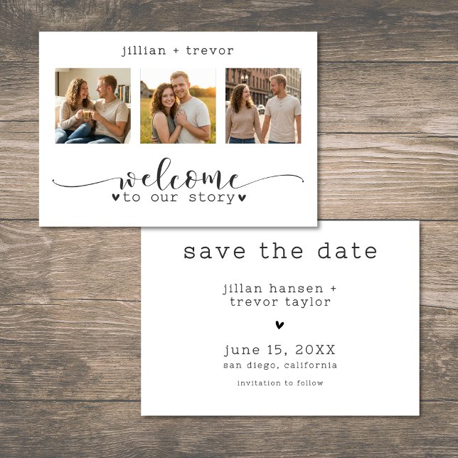Modern Minimalistisk 3 Fotos Script Collage Bröllo Spara Datumet (Modern Minimalist 3 Photo Script Collage Wedding Save The Date)