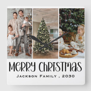 Modern minimalistisk 4-foto collage familjenamn år fyrkantig klocka