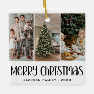 Modern minimalistisk 4-foto collage familjenamn år julgransprydnad keramik