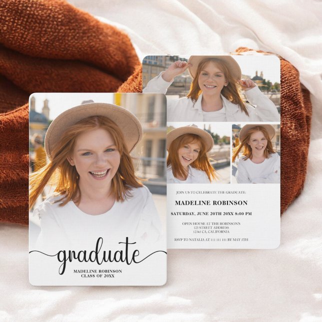 Modern minimalistisk 4-fotoskript chic Studenten Inbjudningar (Modern Minimalist 4-Photo script chic Graduation Invitation)