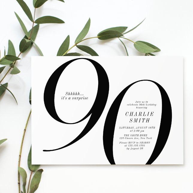 Modern minimalistisk 90:e födelsedag med svart och inbjudningar (Modern minimalist black and white 90th birthday invitation)