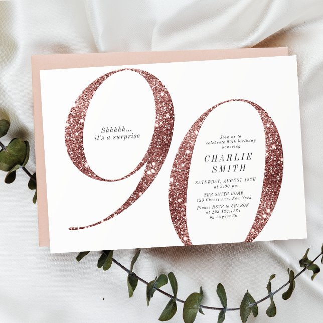 Modern minimalistisk 90:e födelsedag ro guld glitt inbjudningar (Modern minimalist rose gold glitter 90th birthday invitation)