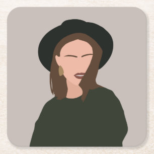 Modern minimalistisk Abstrakt flicka i Hat Beverag Underlägg Papper Kvadrat