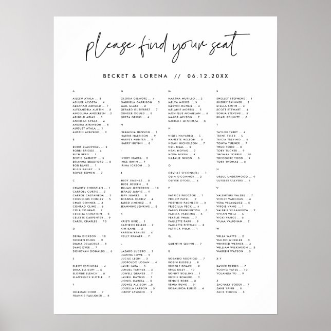 Modern Minimalistisk alfabetisk sittningslista Poster (Framsidan)