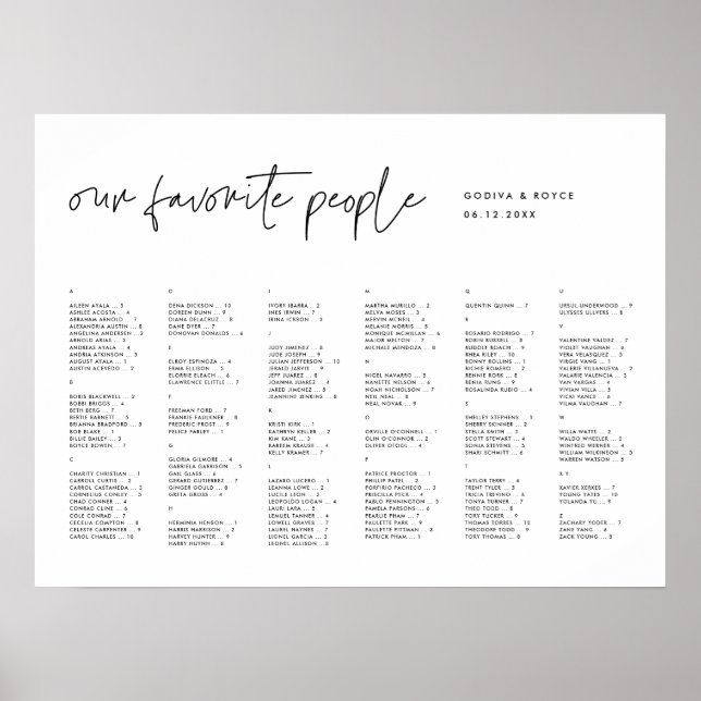 Modern minimalistisk alfabetisk sittplan poster (Framsidan)